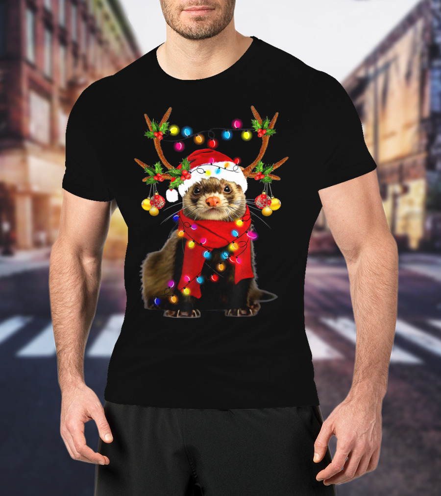 Ferret Santa Reindeer Christmas Lights T-Shirt