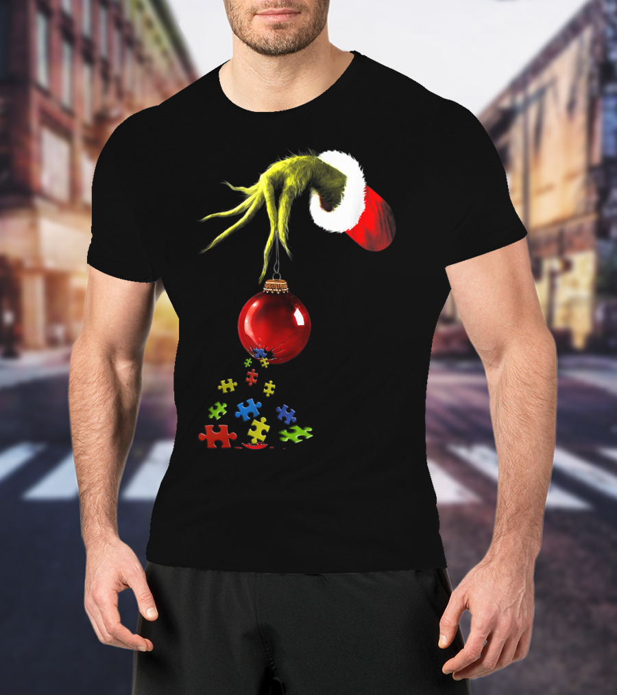 Grinch Hand Holding Red Ornament With Autism Puzzle Pieces T-Shirt