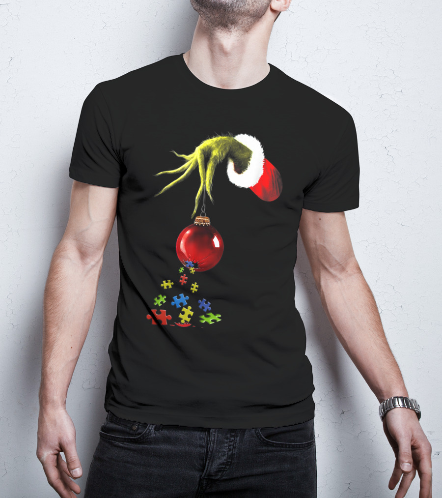 Grinch Hand Holding Red Ornament With Autism Puzzle Pieces T-Shirt