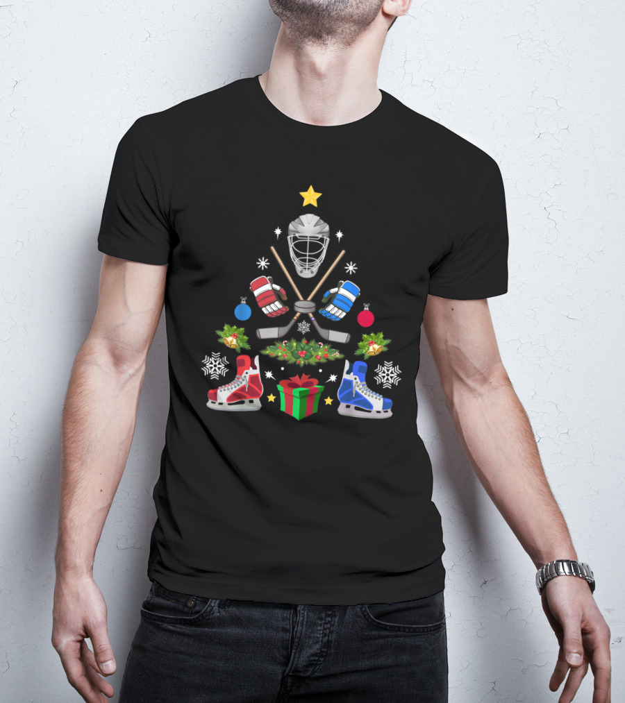Ice Hockey Christmas Tree Ornaments With Helmets Skates And Sticks T-Shirt