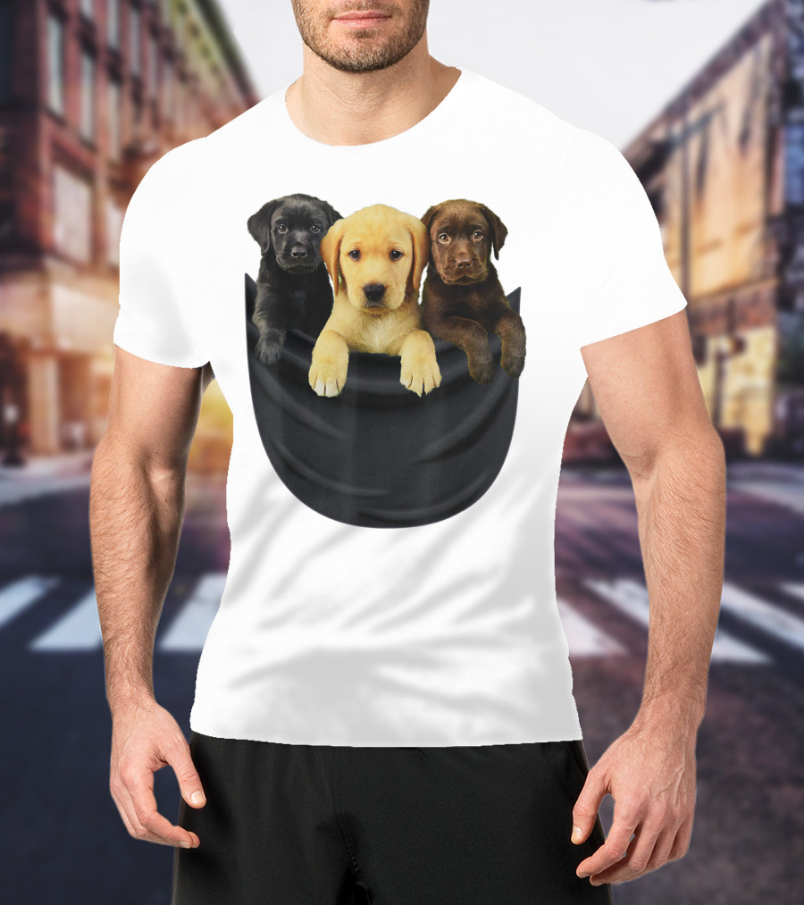 Labrador Retriever Puppy Trio In Big Black Pocket Dog T-Shirt