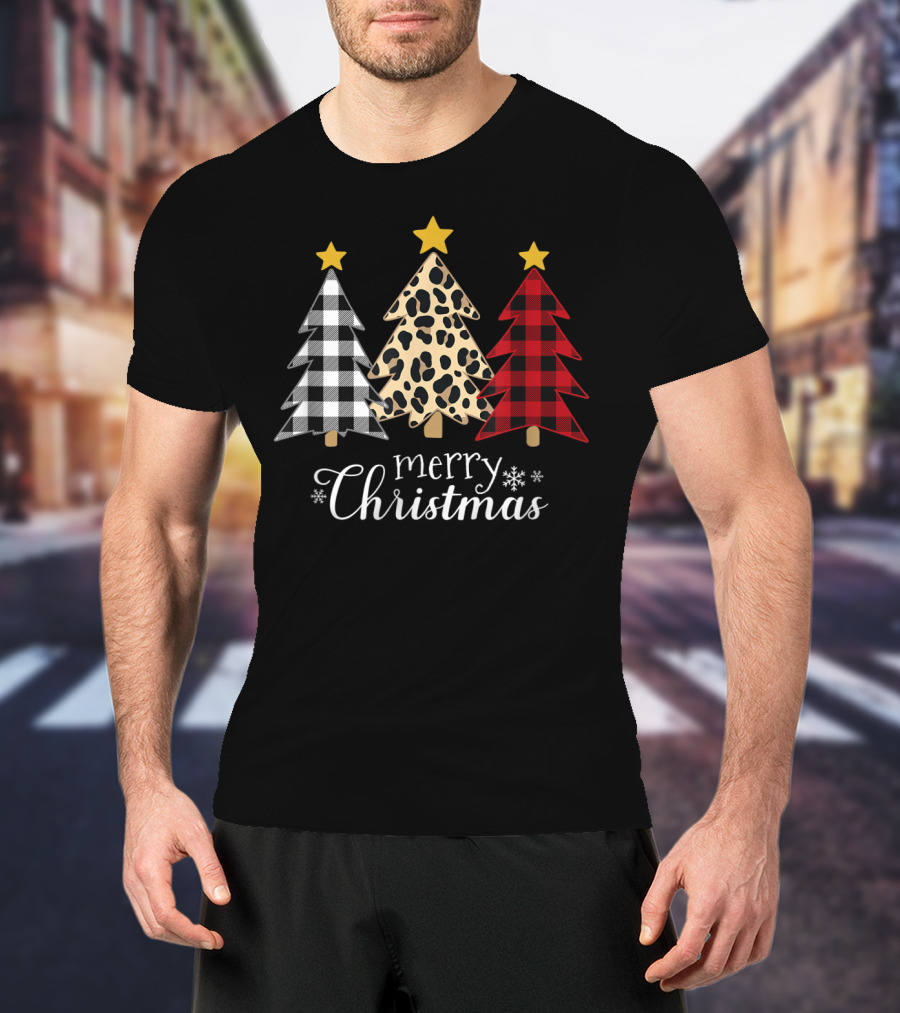 Merry Christmas Buffalo Plaid And Leopard Print Xmas Trees T-Shirt