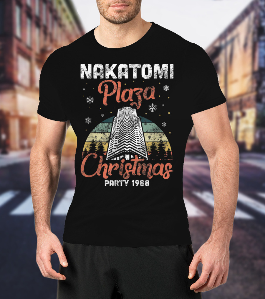 Nakatomi Plaza Christmas Party 1988 Holiday Retro Snowflakes Forest Scene T-Shirt