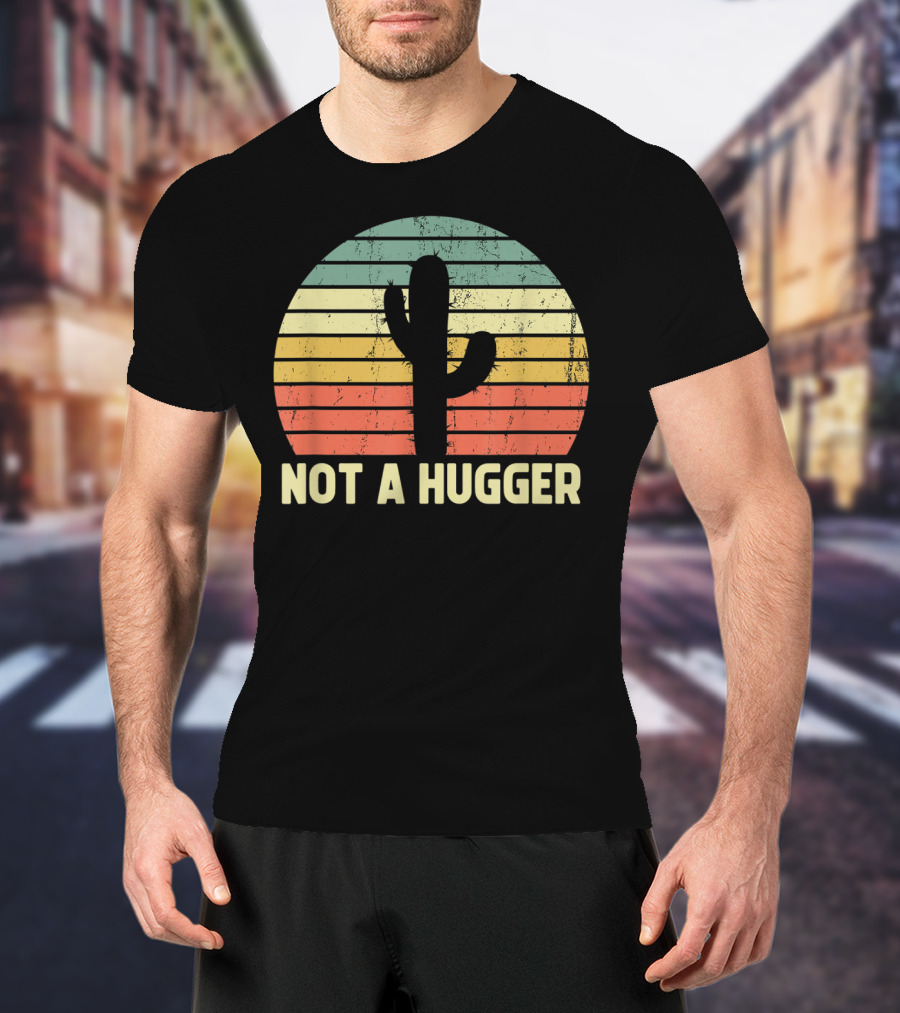 Not A Hugger Cactus Retro Sunset Sarcastic Introvert T-Shirt
