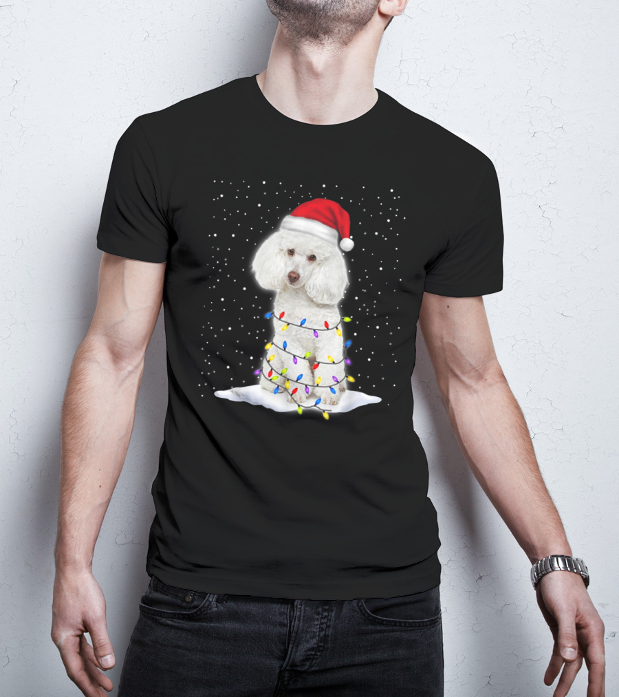 Poodle Santa Christmas Tree Decor With Colorful String Lights Snowfall T-Shirt