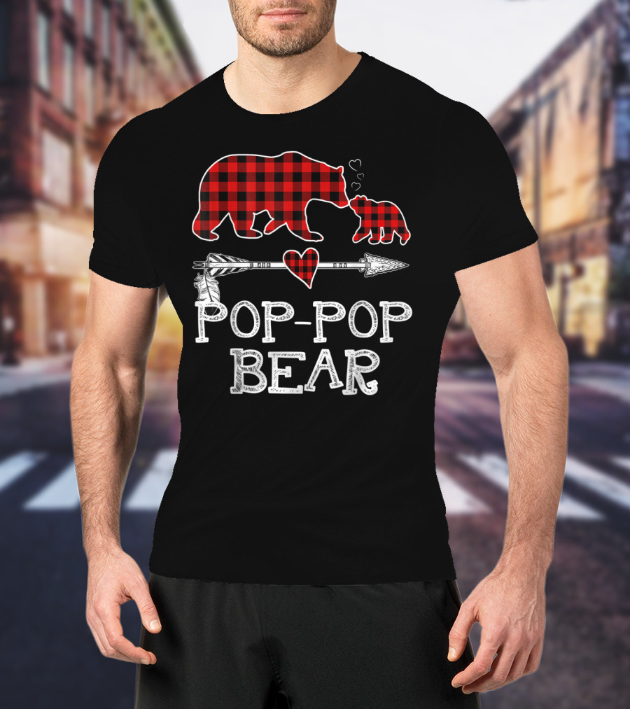 Pop Pop Bear Red Plaid Buffalo Christmas Hearts Arrow T-Shirt