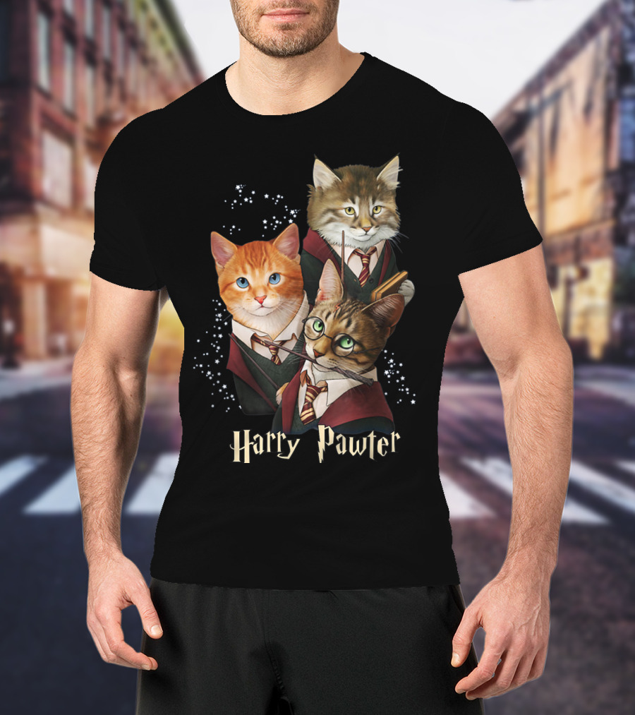 Harry Pawter Cats In Wizard Robes With Wands And Glasses T-Shirt