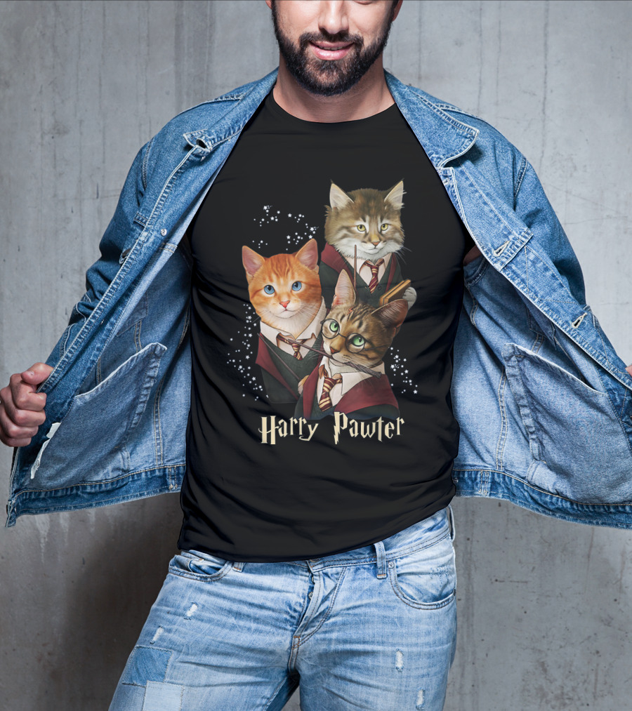 Harry Pawter Cats In Wizard Robes With Wands And Glasses T-Shirt