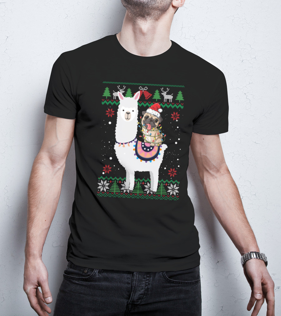 Christmas Pug Riding Llama With Santa Hat And Lights T-Shirt