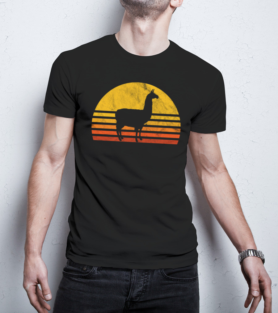 Retro Llama Silhouette Against Sunset Colors T-Shirt