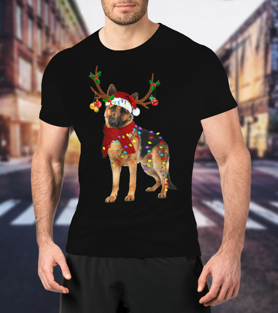 Santa German Shepherd Reindeer Antlers Christmas Lights T-Shirt