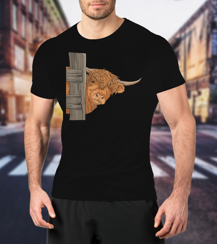 Scottish Highland Cow Spirit Animal Peeking Behind Wooden Fence T-Shirt