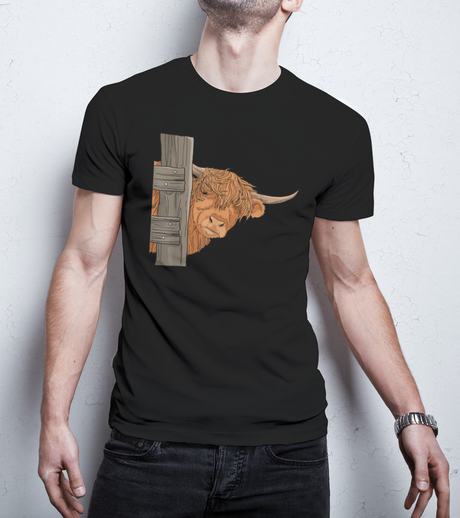 Scottish Highland Cow Spirit Animal Peeking Behind Wooden Fence T-Shirt