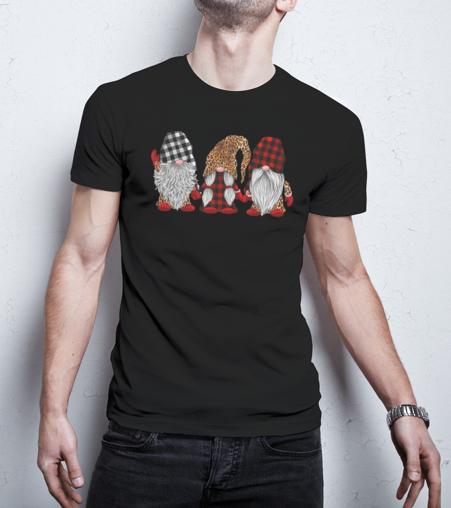 Three Gnomes In Black White Red Plaid And Leopard T-Shirt