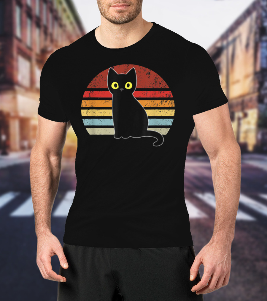 Vintage Retro Stripes Black Cat Kitty Kitten T-Shirt