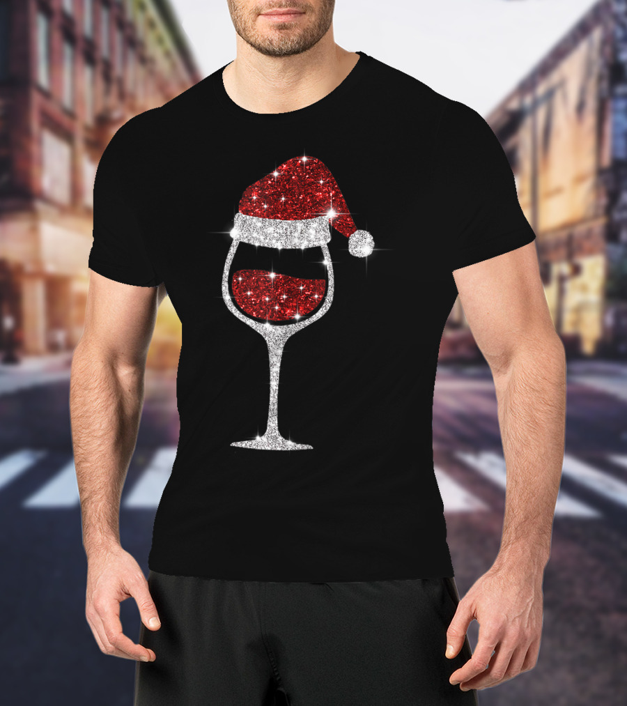 Sparkling Wine Glass With Santa Hat Christmas Celebration For Wine Lovers T-Shirt