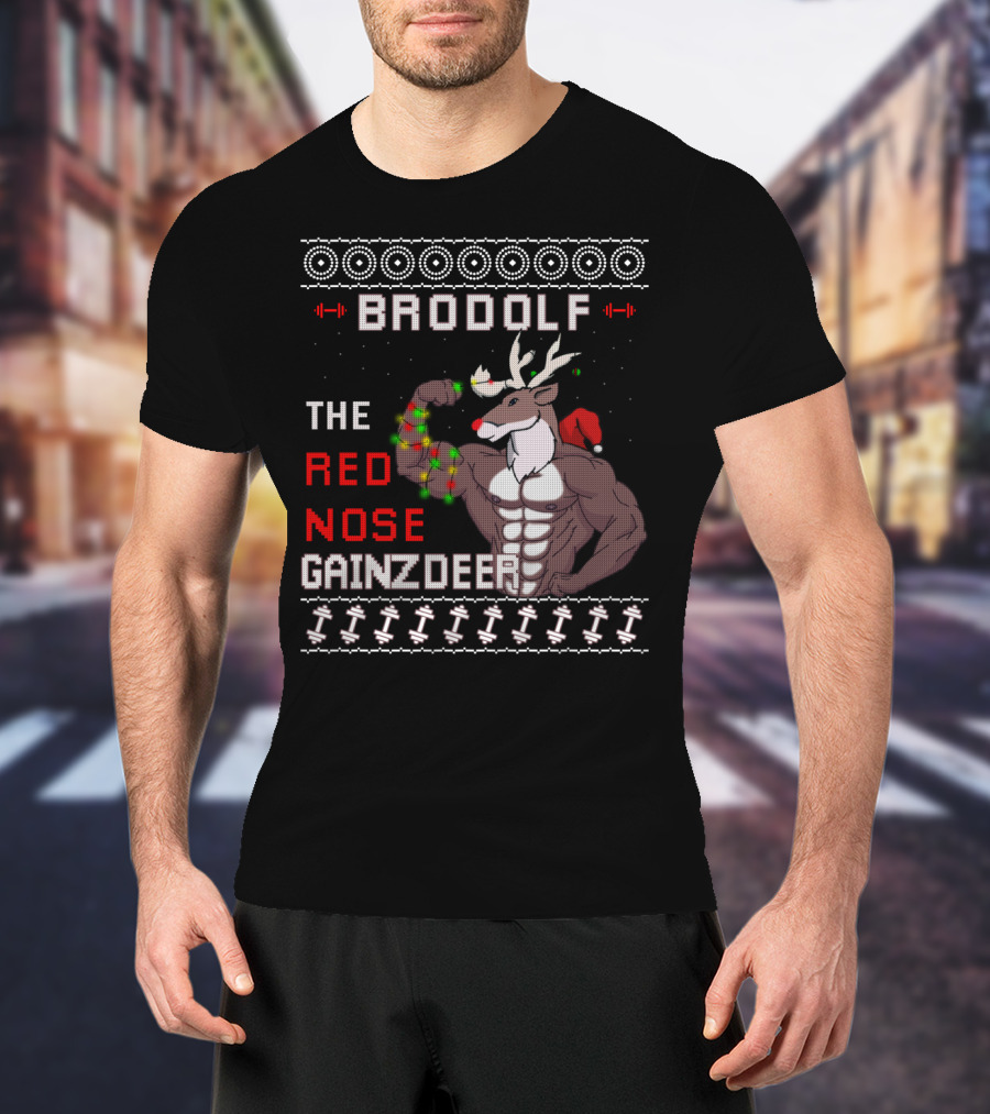 Brodolf The Red Nose Gainzdeer Lifting Weights Festive Sweater Style Fitness T-Shirt