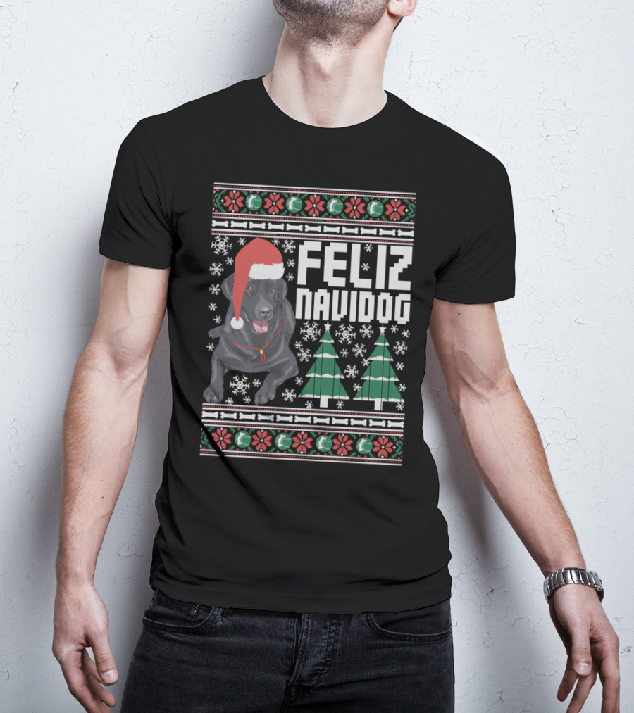 Feliz Navidog Labrador With Santa Hat And Christmas Trees Snowflakes T-Shirt