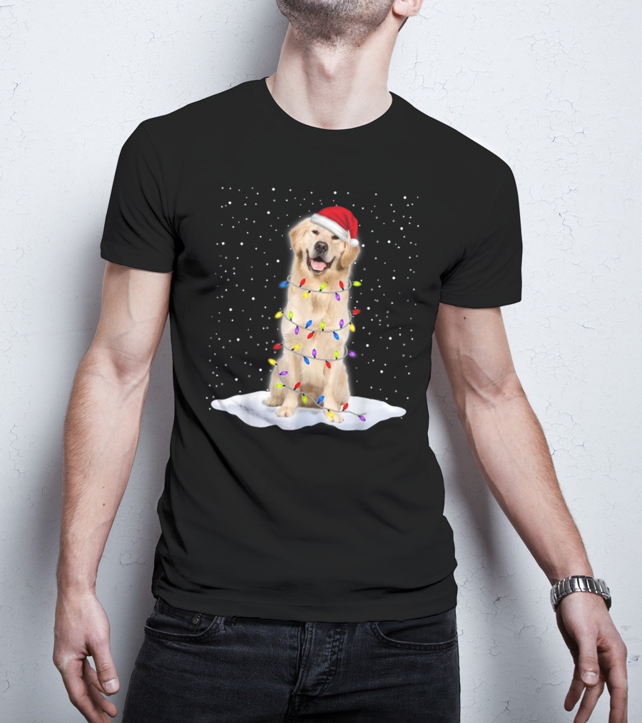 Golden Retriever With Santa Hat Wrapped In Colorful Christmas Tree Lights And Snowflakes T-Shirt