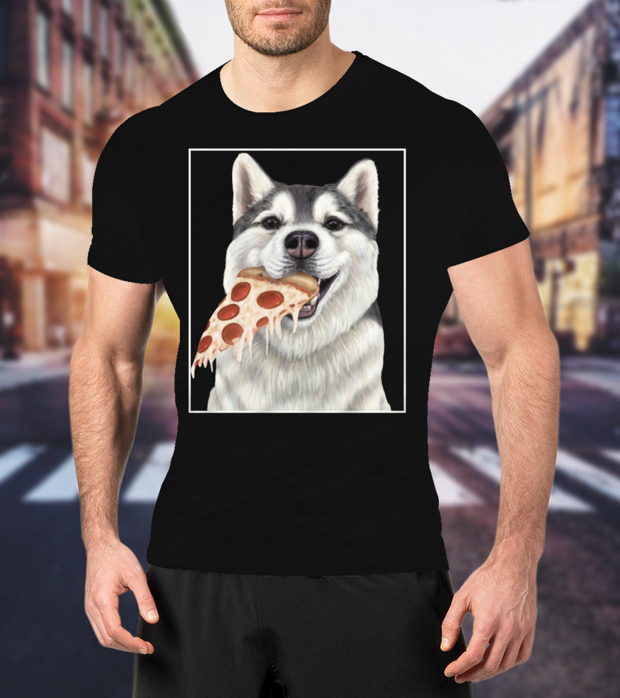 Husky Eating A Pepperoni Pizza Slice Dog Image T-Shirt