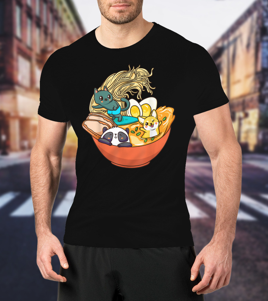 Kawaii Cat Panda Dog Anime Noodle Bowl With Egg And Ramen T-Shirt