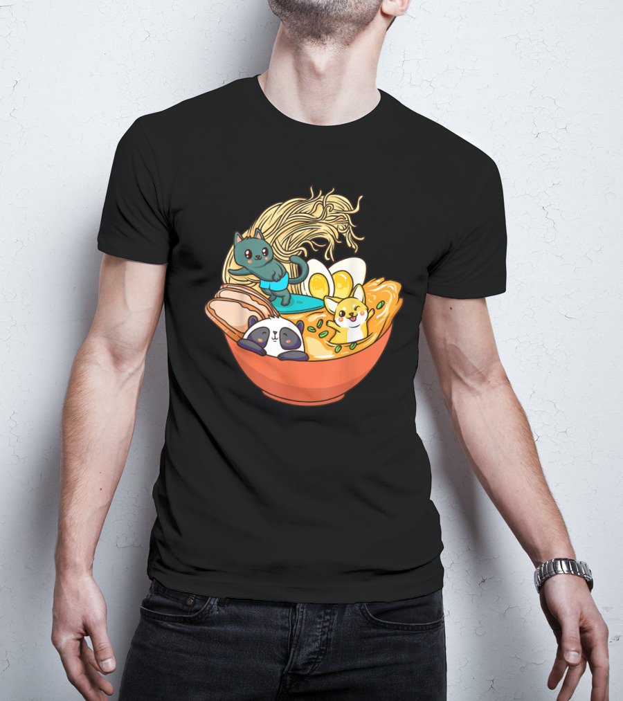 Kawaii Cat Panda Dog Anime Noodle Bowl With Egg And Ramen T-Shirt