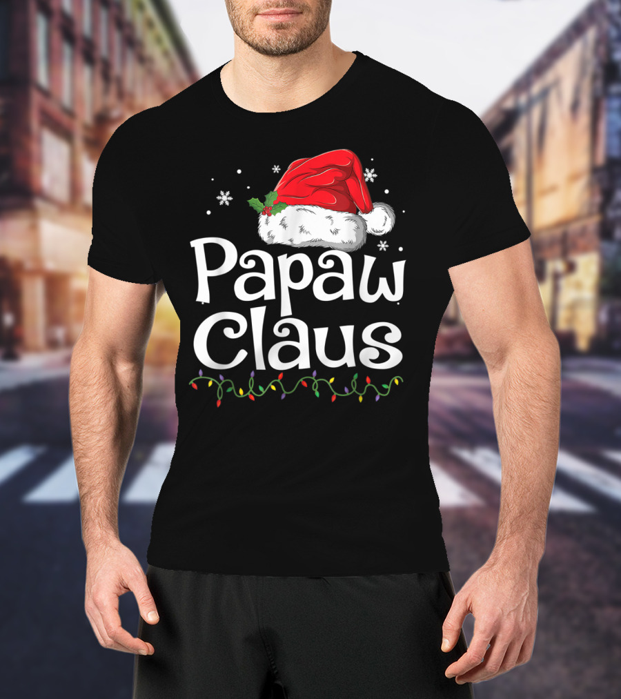 Papaw Claus Christmas Santa Hat With Snowflakes And Holiday Lights T-Shirt