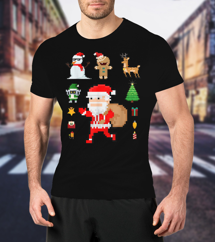 Pixel 8Bit Santa Claus Snowman Gingerbread Reindeer Christmas Tree Gifts Gaming T-Shirt