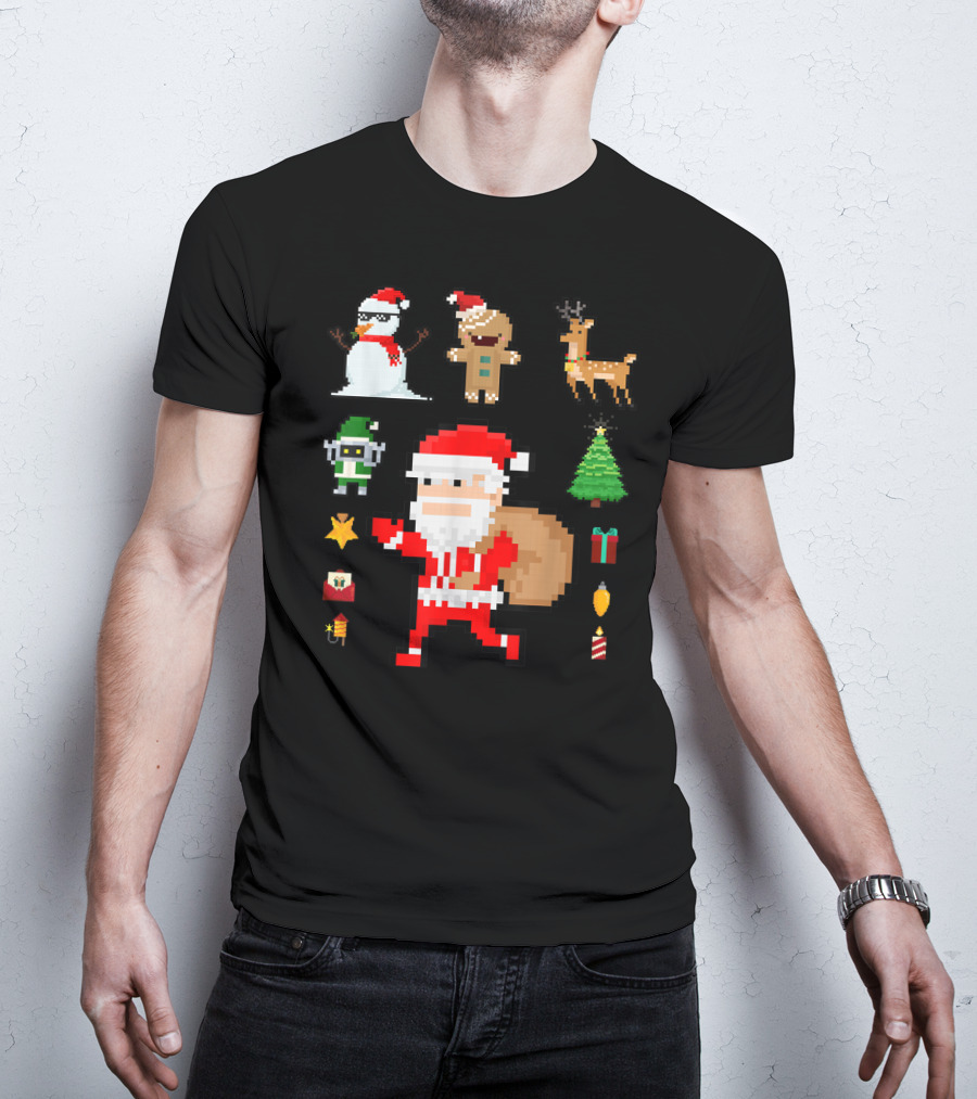 Pixel 8Bit Santa Claus Snowman Gingerbread Reindeer Christmas Tree Gifts Gaming T-Shirt