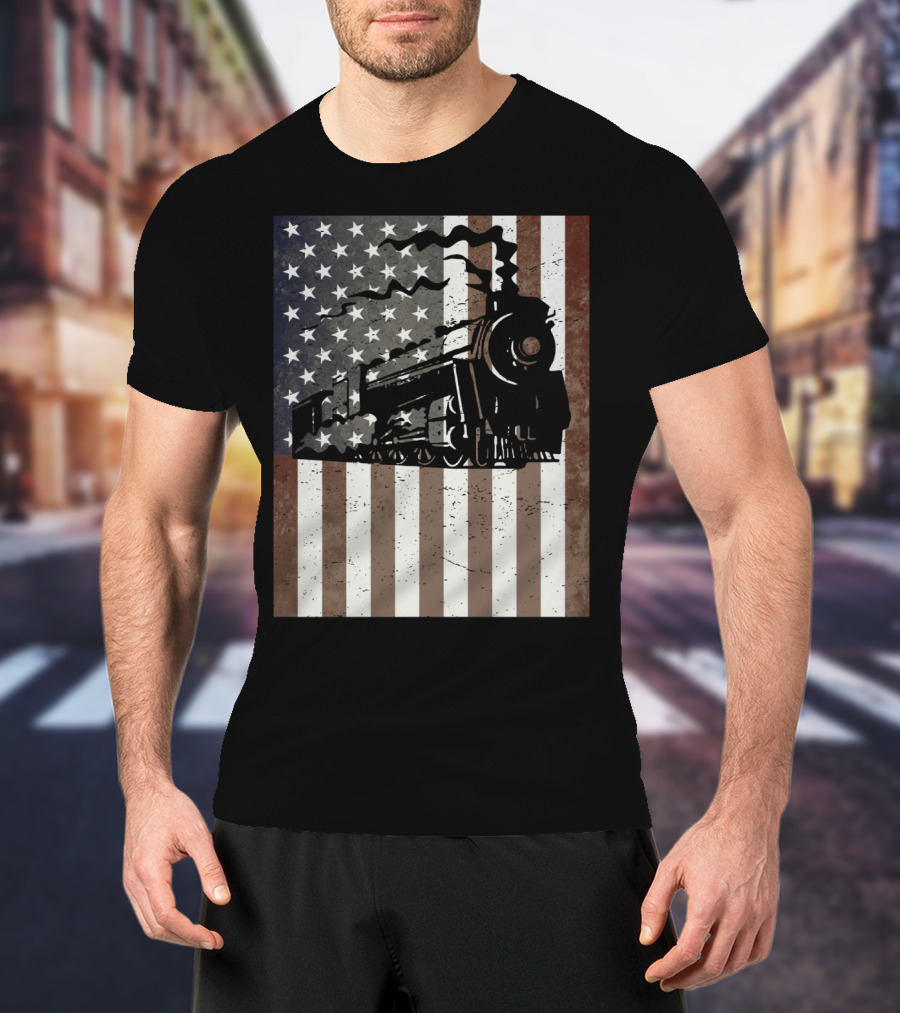 American Flag Steam Train Vintage Model Builder T-Shirt