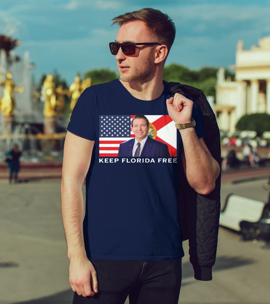 Keep Florida Free American Flag Portrait Navy Fine Jersey T-Shirt