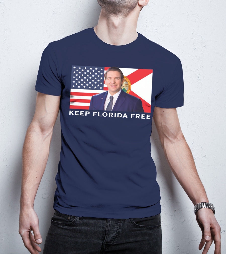Keep Florida Free American Flag Portrait Navy Fine Jersey T-Shirt