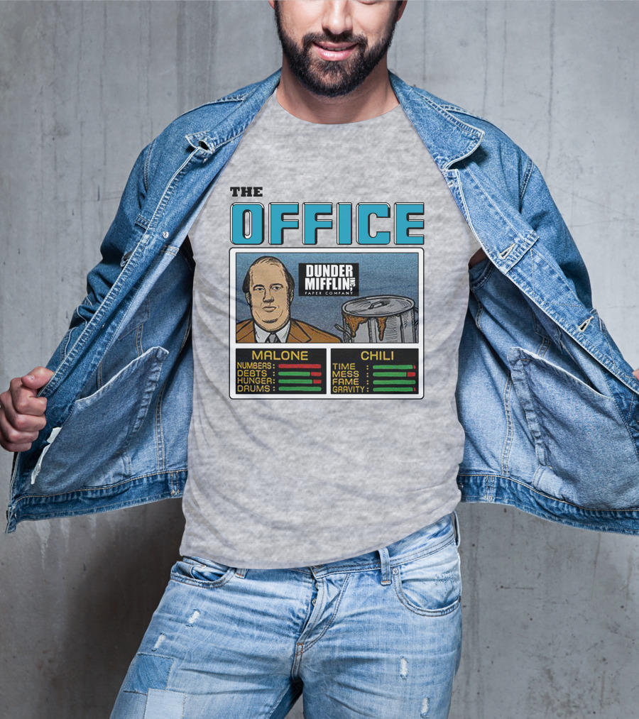 The Office Dunder Mifflin Kevin Malone Chili Numbers Debts Hunger Drums Time Mess Fame Gravity T-Shirt