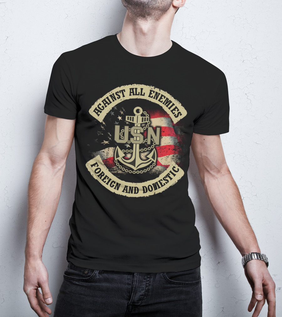 Usn Against All Enemies Foreign And Domestic Anchor American Flag T-Shirt
