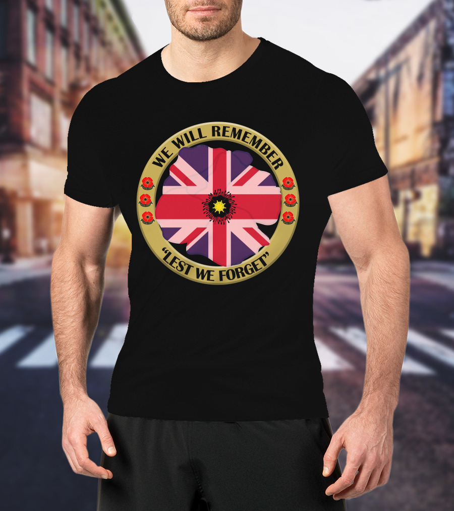 We Will Remember Lest We Forget Union Jack Poppy Remembrance T-Shirt