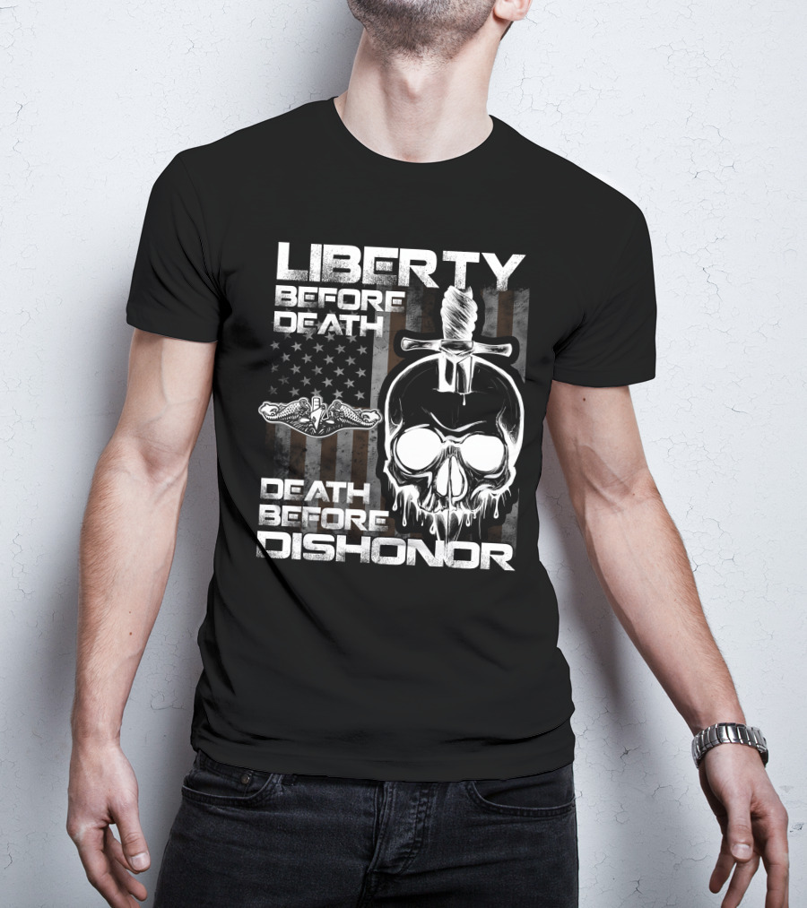 Liberty Before Death Before Dishonor Skull Dagger American Flag T-Shirt