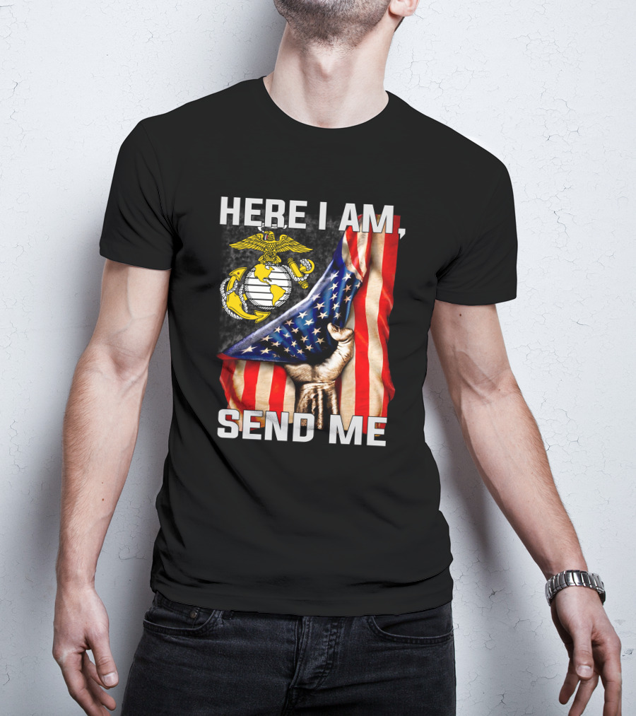 Here I Am Send Me US Marine Corps Eagle Globe Anchor American Flag T-Shirt