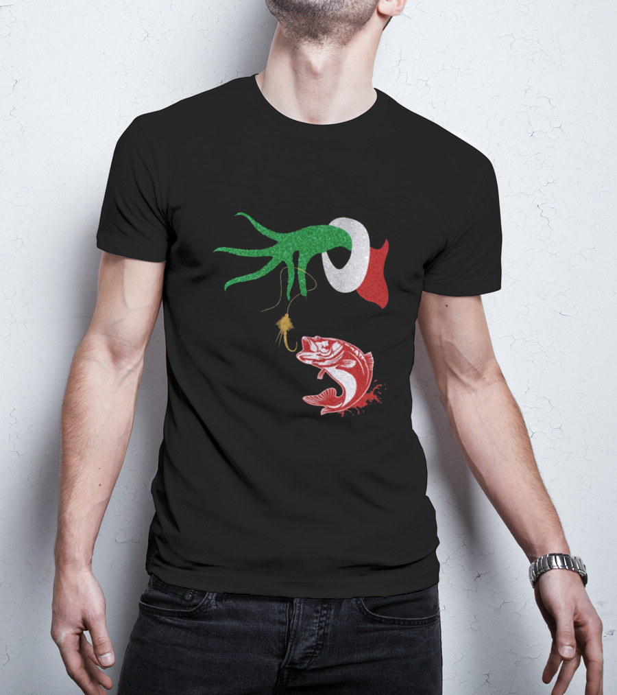 Ginch Christmas Fishing Grinch Hand With Fish Hook And Jumping Fish T-Shirt