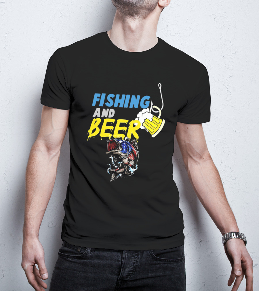 Fishing And Beer American Flag Fish Version With Mug And Hook T-Shirt