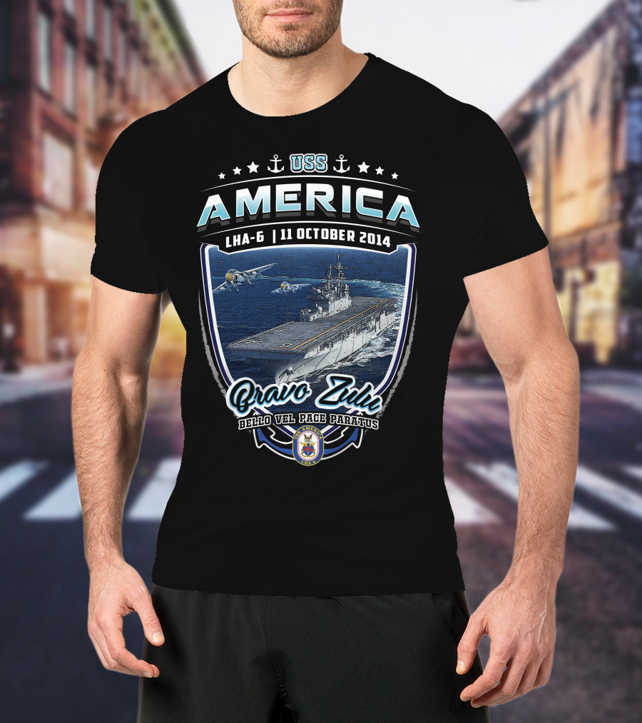 Uss America Lha-6 11 October 2014 Bravo Zulu Bello Vel Pace Paratus T-Shirt