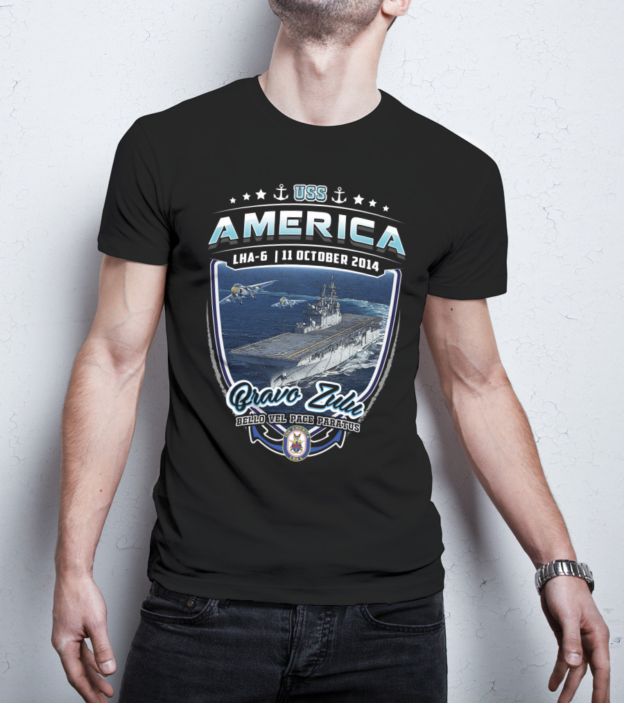 Uss America Lha-6 11 October 2014 Bravo Zulu Bello Vel Pace Paratus T-Shirt