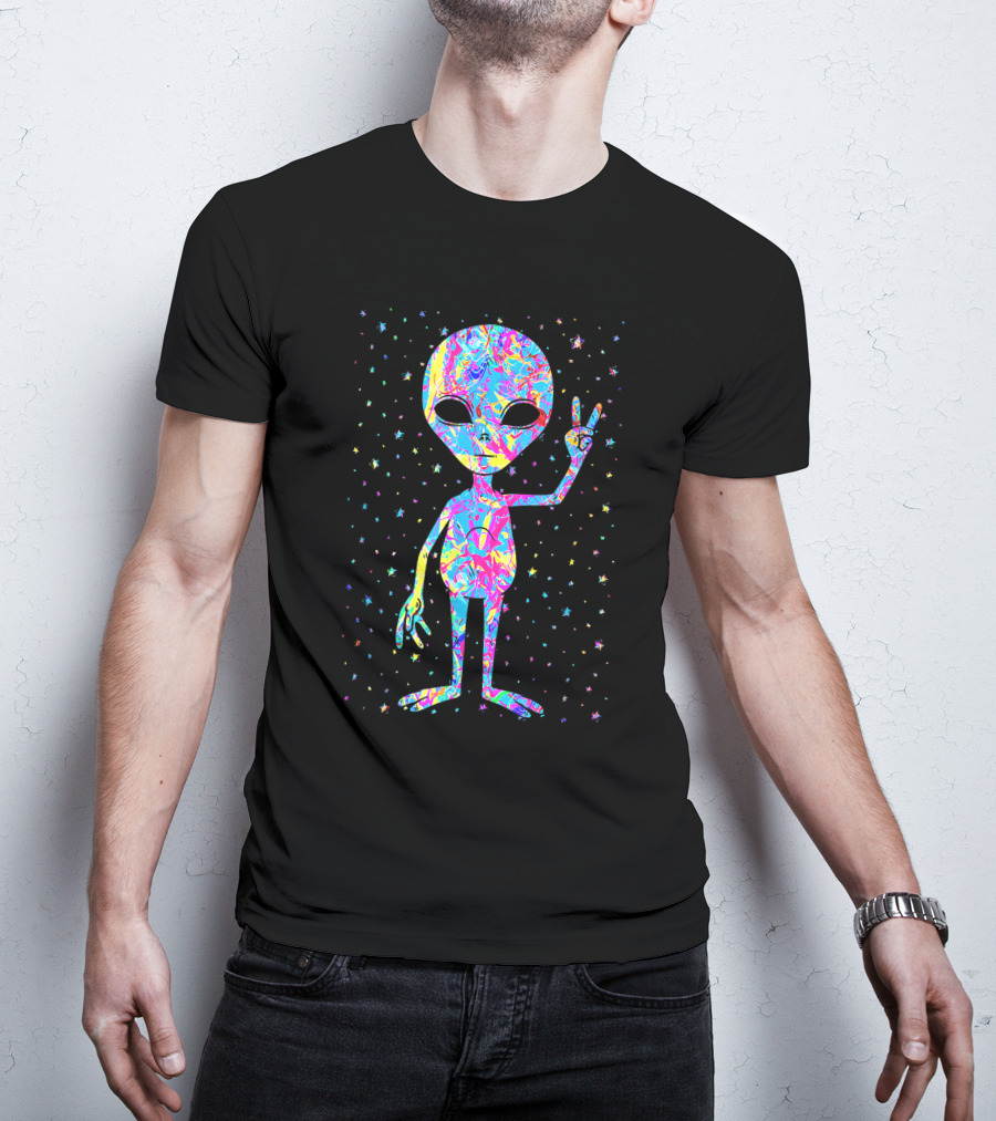 1970s Groovy Tie Dye Alien With Peace Sign T-Shirt