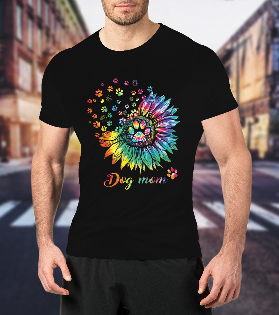 Dog Mom Tie Dye Sunflower With Paw Prints T-Shirt