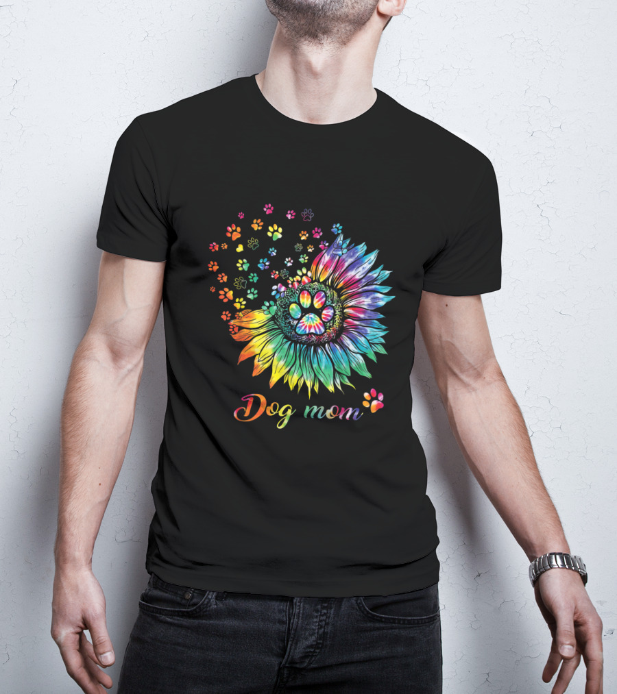 Dog Mom Tie Dye Sunflower With Paw Prints T-Shirt