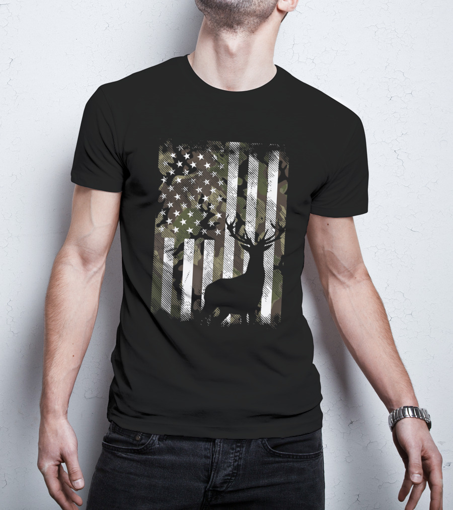 Camo American Flag With Deer Silhouette USA Hunting T-Shirt