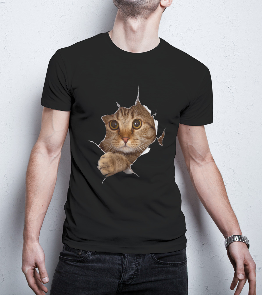 Sweet Kitten Torn Cloth Funny Cat Lover Cat Owner Cat Lady Peeking Cat Through Rip T-Shirt