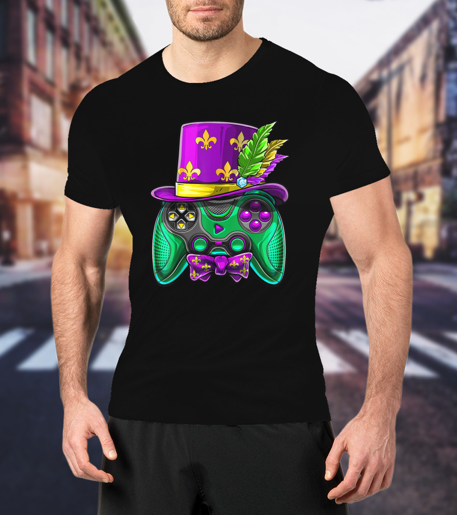 Mardi Gras Fleur-de-Lis Video Game Controller Jester Hat Bow Tie T-Shirt