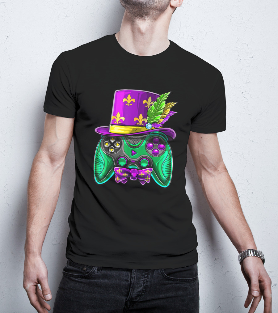 Mardi Gras Fleur-de-Lis Video Game Controller Jester Hat Bow Tie T-Shirt