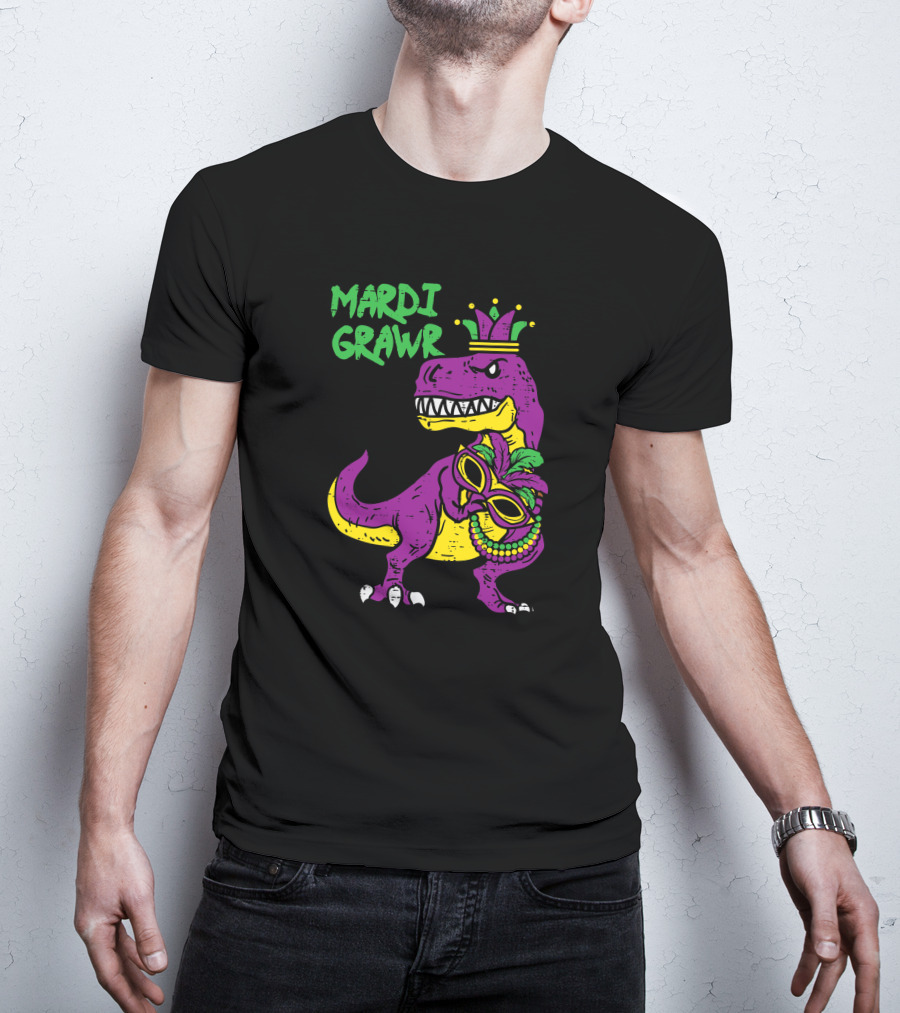 Mardi Grawr Jester Trex Dinosaur With Mask And Beads T-Shirt