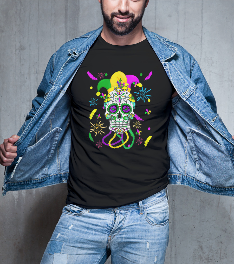 Sugar Skull Carnival Mask Jester Hat Mardi Gras Celebrations T-Shirt
